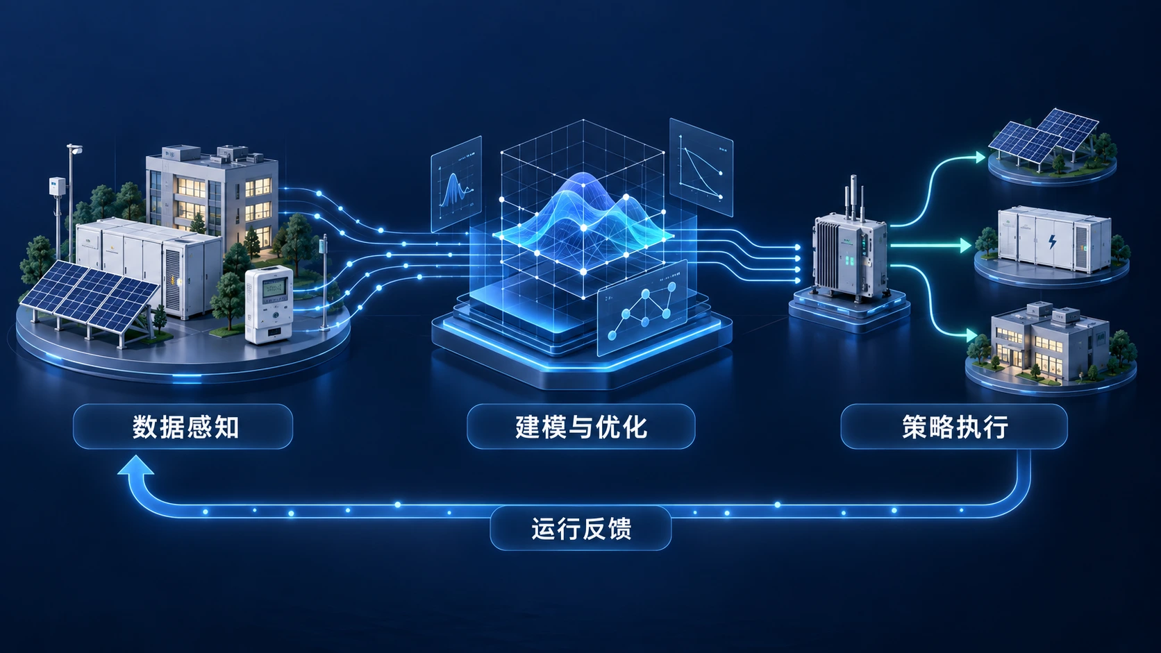 能源算法协同示意:数据感知、建模与优化、策略执行及运行反馈